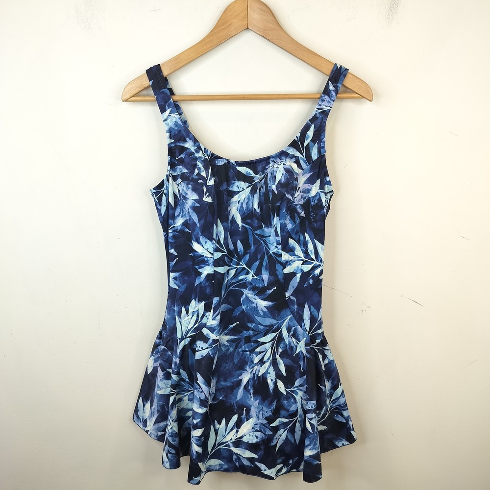 Maxine of Hollywood Azul Swim Dress 14 Leaf Print Skirted One Piece Blue